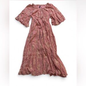 Anthropologie Me 2 Magic Pink Boho Metallic Paisley Embroidered Maxi Dress